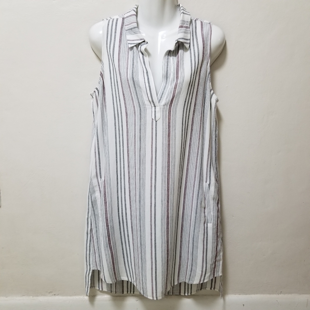Cloth & Stone Women Dress Tunic Striped Sleeveless Pockets Vneck Linen S NWOT